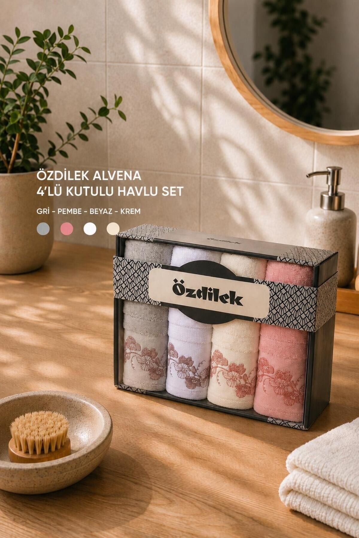 El ve Yüz Havlusu 4 lü Kutulu Alvena Gri Pembe Beyaz Krem