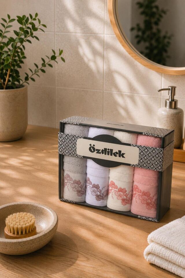 El ve Yüz Havlusu 4 lü Kutulu Alvena Gri Pembe Beyaz Krem