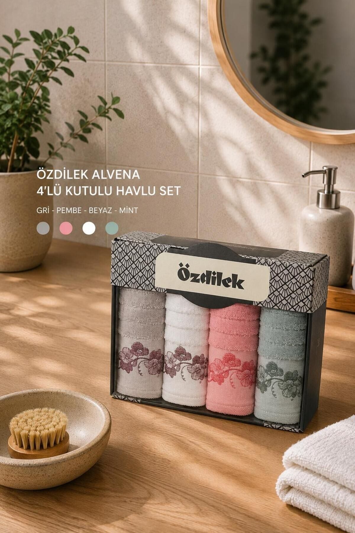 El ve Yüz Havlusu 4 lü Kutulu Alvena Gri Pembe Beyaz Mint