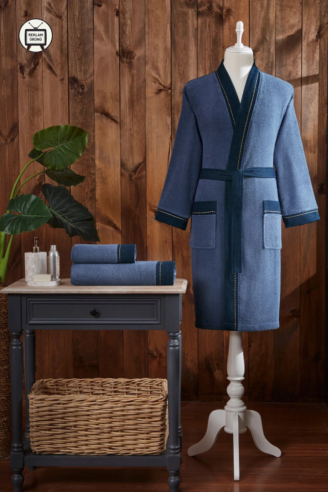 Oregon Maskülen Nakışlı Denim Kimono Bornoz XL - Lacivert