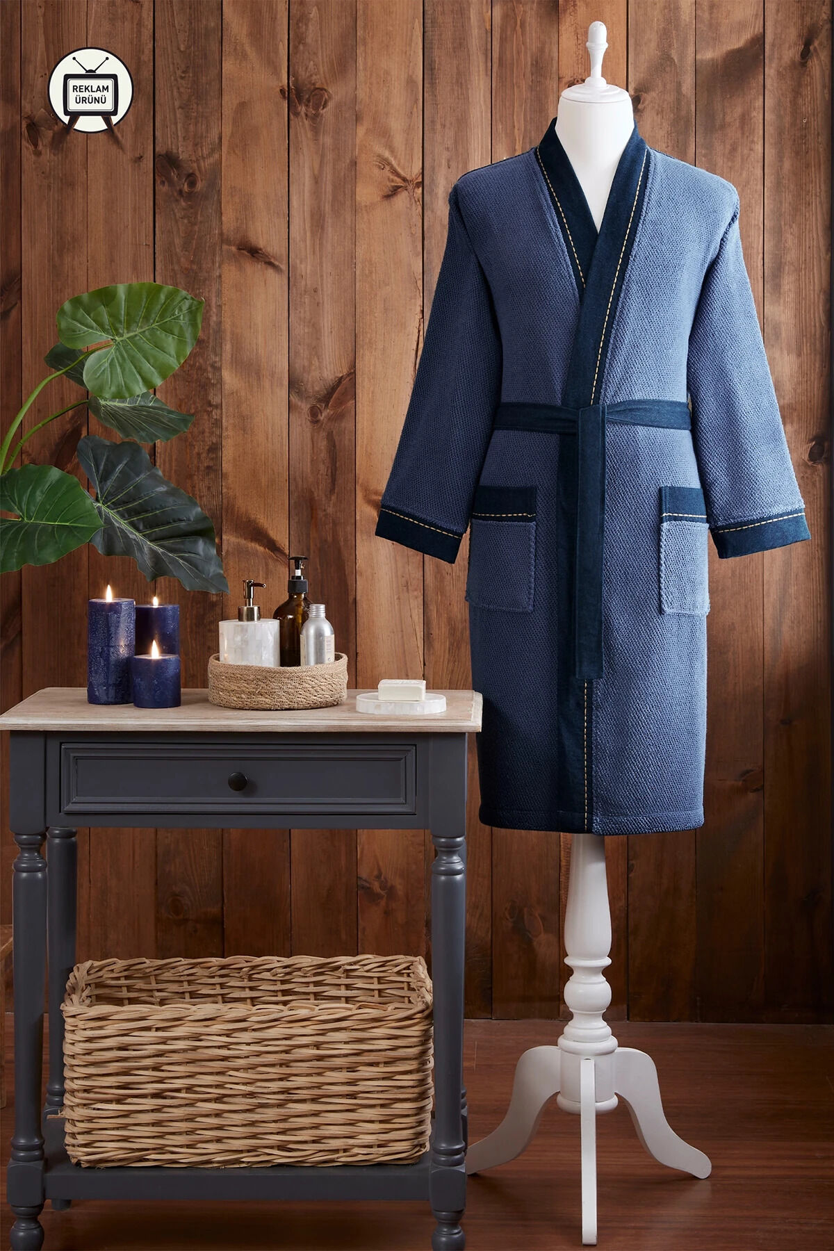 Oregon Maskülen Nakışlı Denim Kimono Bornoz XL - Lacivert