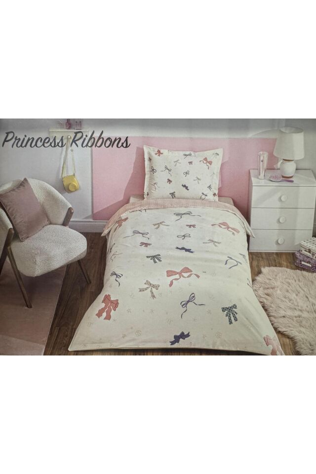 Princess Ribbons Tek Kişilik Lastikli Çarşaf Nevresim Takımı