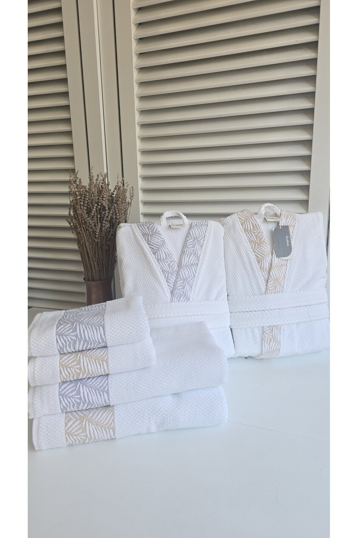 Osier Aile Bornoz Seti Gri-Bej 6 Parça