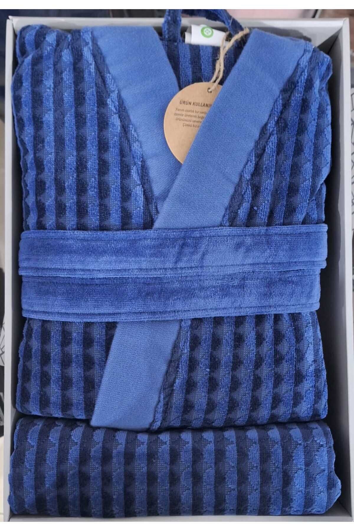 Circolare Lacivert Bornoz Seti (1 bornoz + 1 havlu)